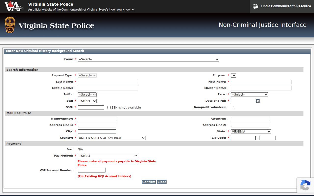 Buchanan County criminal history VSP NCJI request interface