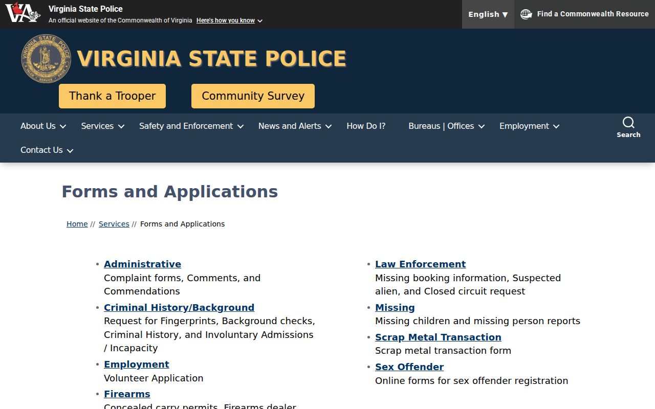 Buchanan County criminal history Virginia State Police forms